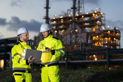 Professional Engineer Team Working at Refinery plant background twilight ev.. Stock Photos