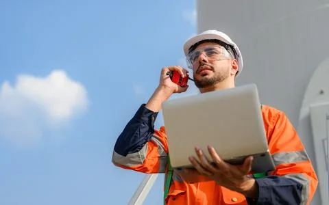 Professional engineer technician team working at wind turbine farm field Stock Photos
