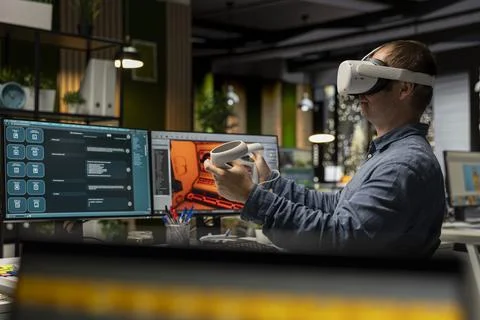 Professional engineer using VR headset and AI tech to create a spaceship 库存照片