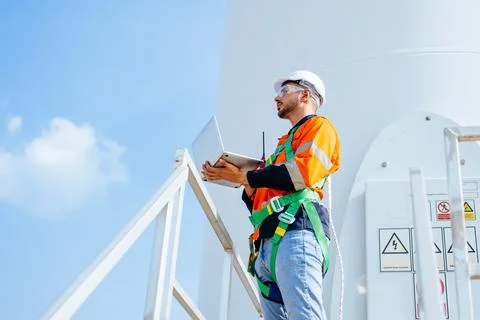 Professional engineer using walkie-talkie working at wind turbine farm Stock Photos