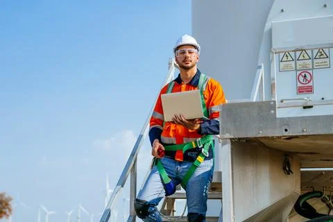 Professional engineer using walkie-talkie working at wind turbine farm Stock Photos