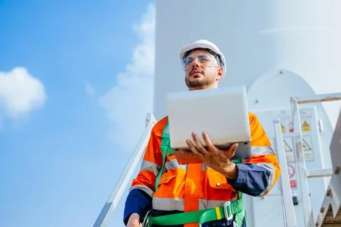 Professional engineer using walkie-talkie working at wind turbine farm Stock Photos