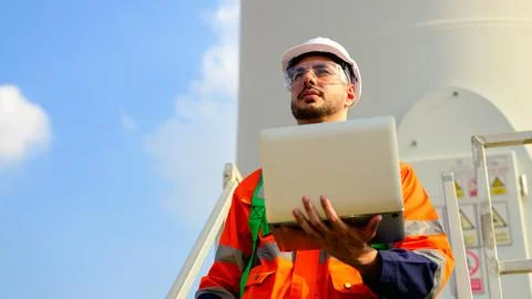 Professional engineer using walkie-talkie working at wind turbine farm Foto stock