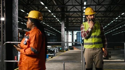 Professional engineer using walkie-talkie inside heavy industry facility Stock Photos