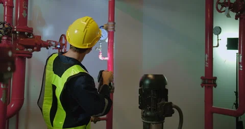 Professional engineer worker man in safety uniform holding flashlight checking m Stock Footage 258161361