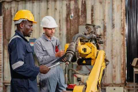 Professional engineer workers team working in metal workshop talking and wo.. Stock Photos