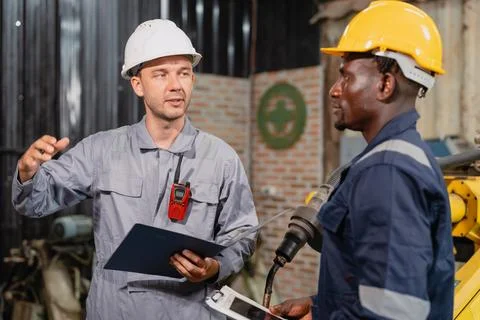 Professional engineer workers team working in metal workshop talking and wo.. Stock Photos