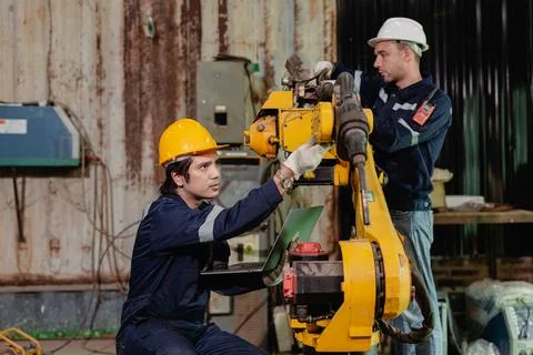 Professional engineer workers team working in metal workshop working togeth.. Stock Photos