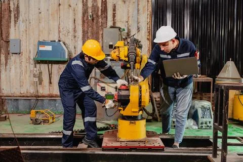 Professional engineer workers team working in metal workshop working togeth.. Stock Photos