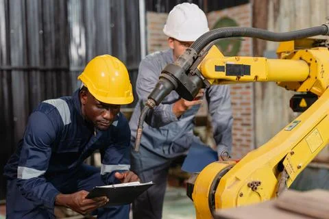 Professional engineer workers team working in metal workshop talking and wo.. Stock Photos