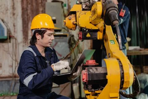 Professional engineer workers team working in metal workshop working togeth.. Stock Photos