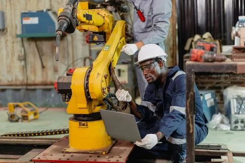 Professional engineer workers team working in metal workshop working togeth.. Stock Photos