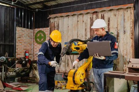 Professional engineer workers team working in metal workshop working togeth.. Stock Photos