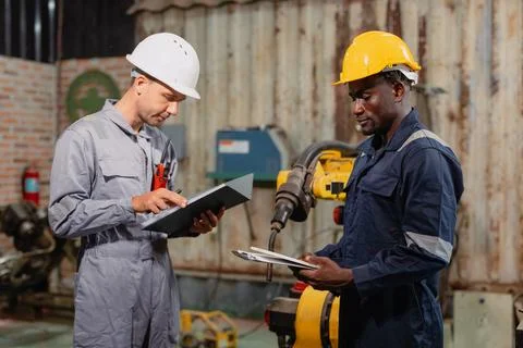 Professional engineer workers team working in metal workshop talking and wo.. Stock Photos