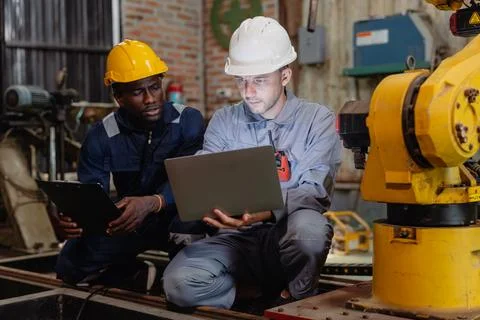 Professional engineer workers team working in metal workshop talking and wo.. Stock Photos