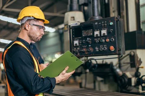 Professional engineer working reading user manual control operate program C.. Stock Photos