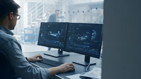 Professional Engineer Works on a Computer with a 3D CAD Software and Tests Stock Footage 106754175