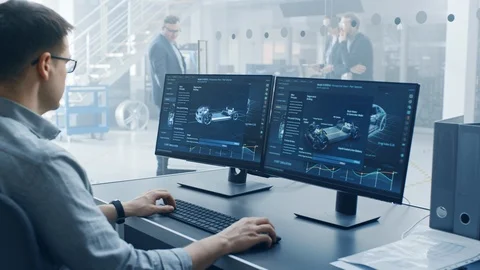 Professional Engineer Works on a Computer with a 3D CAD Software and Tests Video stock 106754249