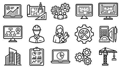 Professional engineering and construction management linear icon collection Stock Illustration