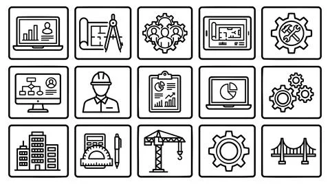Professional engineering and construction management outline icon set Stock Illustration