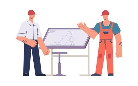 Professional engineers and contractors. Master foreman with helmet and diagram Illustrazione stock