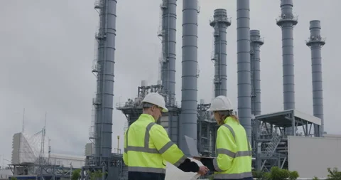 Professional Engineers Reviewing Construction Blueprints At Industrial Powe.. Stock Footage 335870150