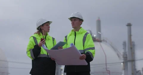 Professional Engineers Reviewing Technical Blueprints At Industrial Petroch.. Stock Footage 335871377