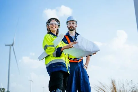Professional engineers technicians working at wind turbine farm field Stock Photos