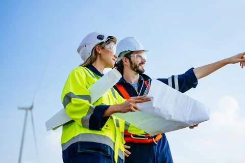 Professional engineers technicians working at wind turbine farm field Stock Photos