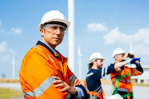 Professional engineers technicians working at wind turbine farm field Stock Photos