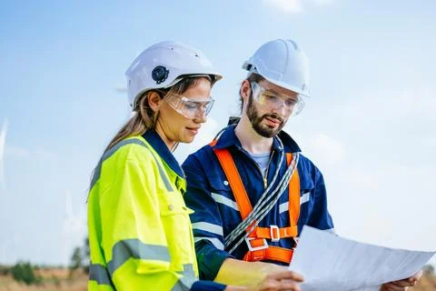 Professional engineers technicians working at wind turbine farm field Stock Photos