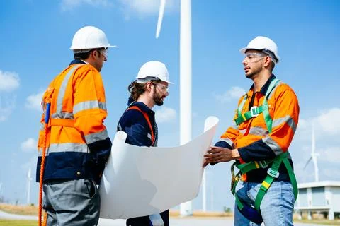 Professional engineers technicians working at wind turbine farm field Stock Photos