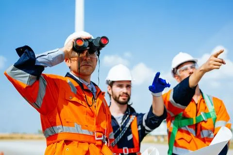 Professional engineers technicians working at wind turbine farm field Stock Photos