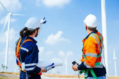 Professional engineers technicians working at wind turbine farm field Stock Photos