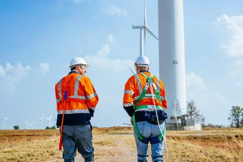 Professional engineers technicians working at wind turbine farm field Stock Photos
