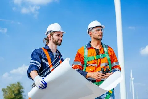 Professional engineers technicians working at wind turbine farm field Stock Photos