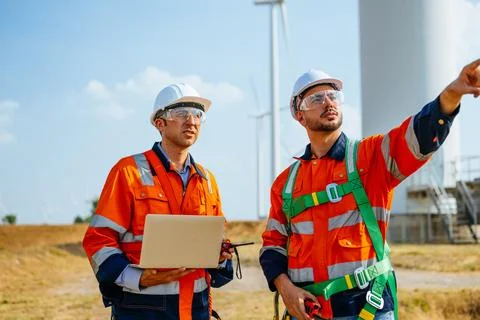 Professional engineers technicians working at wind turbine farm field Stock Photos
