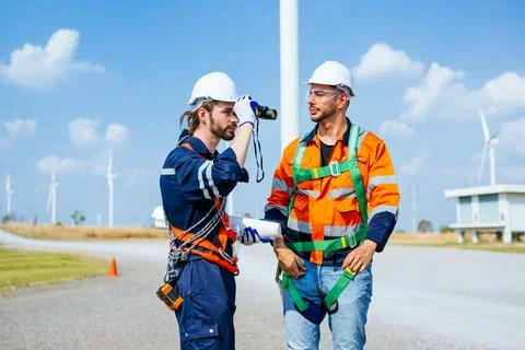 Professional engineers technicians working at wind turbine farm field Stock Photos