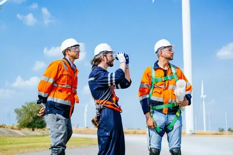 Professional engineers technicians working at wind turbine farm field Stock Photos