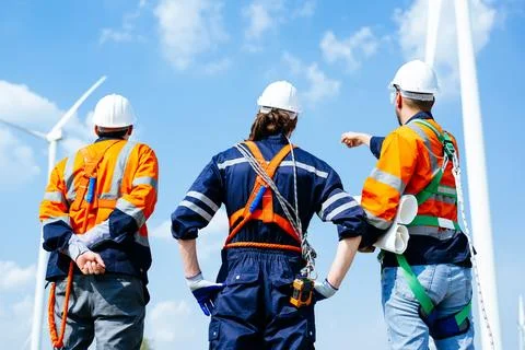 Professional engineers technicians working at wind turbine farm field Stock Photos