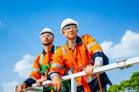 Professional engineers technicians working at wind turbine farm field Stock Photos