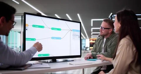 Professional Engineers Using Node Editor For AI Business Development Stock Photos