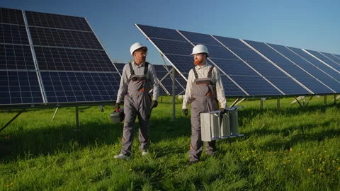 Professional engineers walking between rows of solar panels Stock Footage 314406843