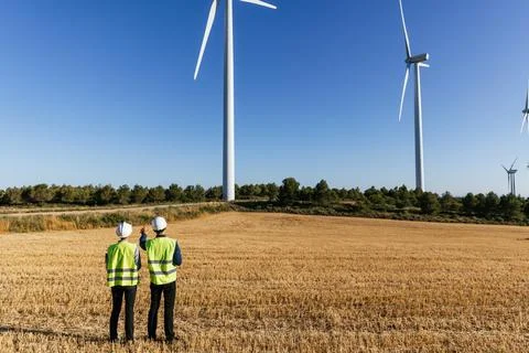 Professional engineers working together in a wind turbine field. Stock Photos