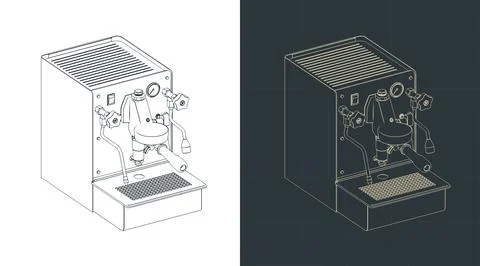 Professional espresso machine technical isometric drawings Stock Illustration