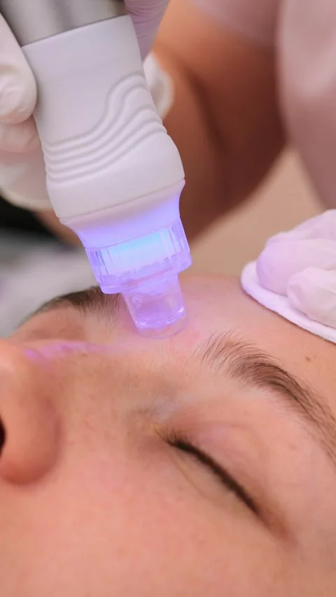 Professional esthetician performing a hydrafacial procedure on a client's face Stock-Footage 337706743