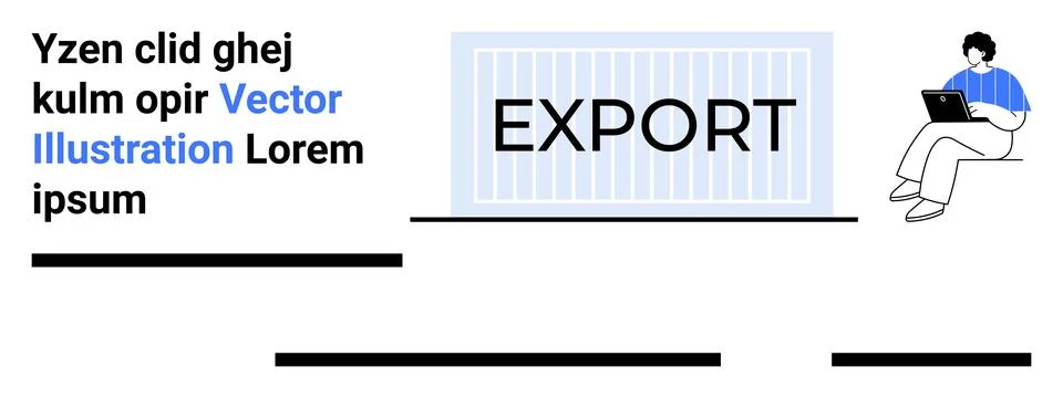 Professional Export Concept with Container and Sitting Person Using Laptop Illustrazione stock