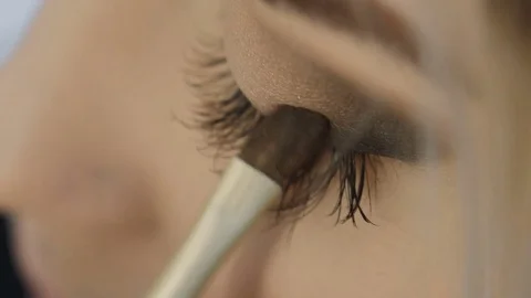 Professional Eye makeup artist applying eyeshadow powder. Beautiful woman face Stock Footage 74428880