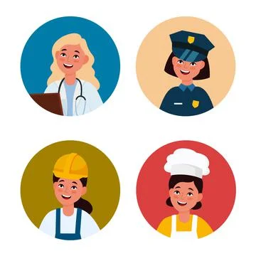 Professional female avatar. Workers women in uniform. Circles with happy faces Stock Illustration