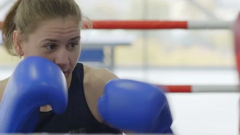Professional Female Boxer Sparring with Partner on Ring Video stock 119088024